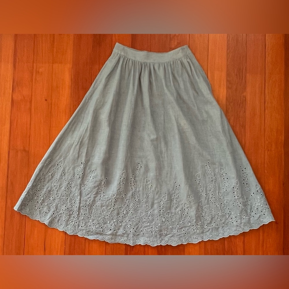 NWOT Madewell Elegant Sage Green Embroidered Women's Midi A-Line Skirt- XS Linen